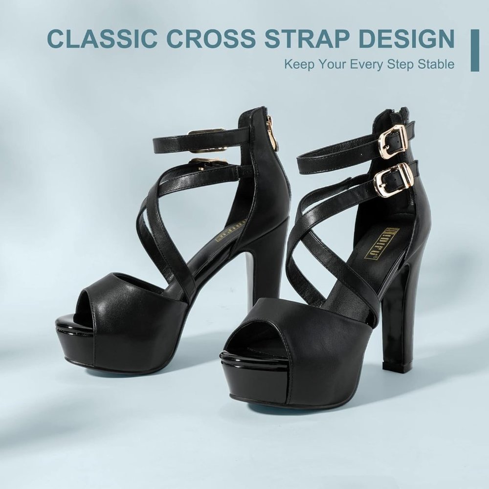 Women's IN5 Charcy Crisscross Strappy Platform High Chunky Black Heel Toe Pump - Picture 4 of 6